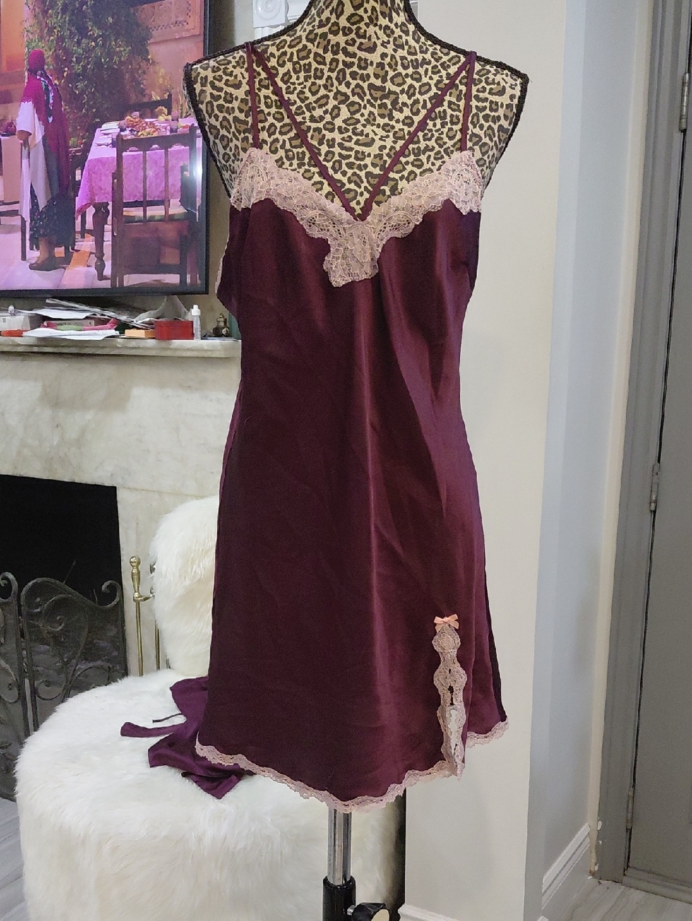 Victoria's Secret Plum Satin Chemise with Blush Lace